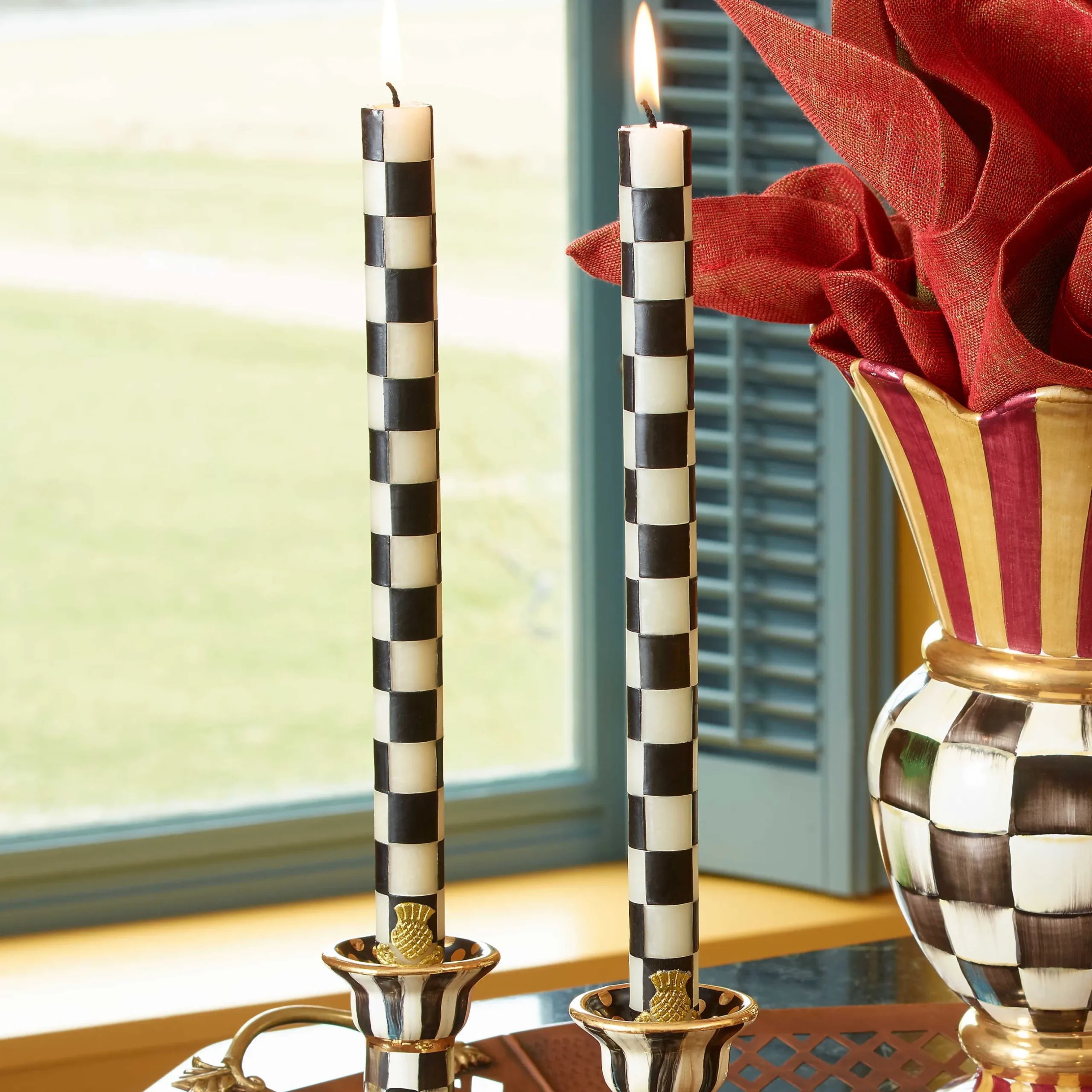 Sale MacKenzie-Childs Check Dinner Candles - Black & Ivory - Set Of 2