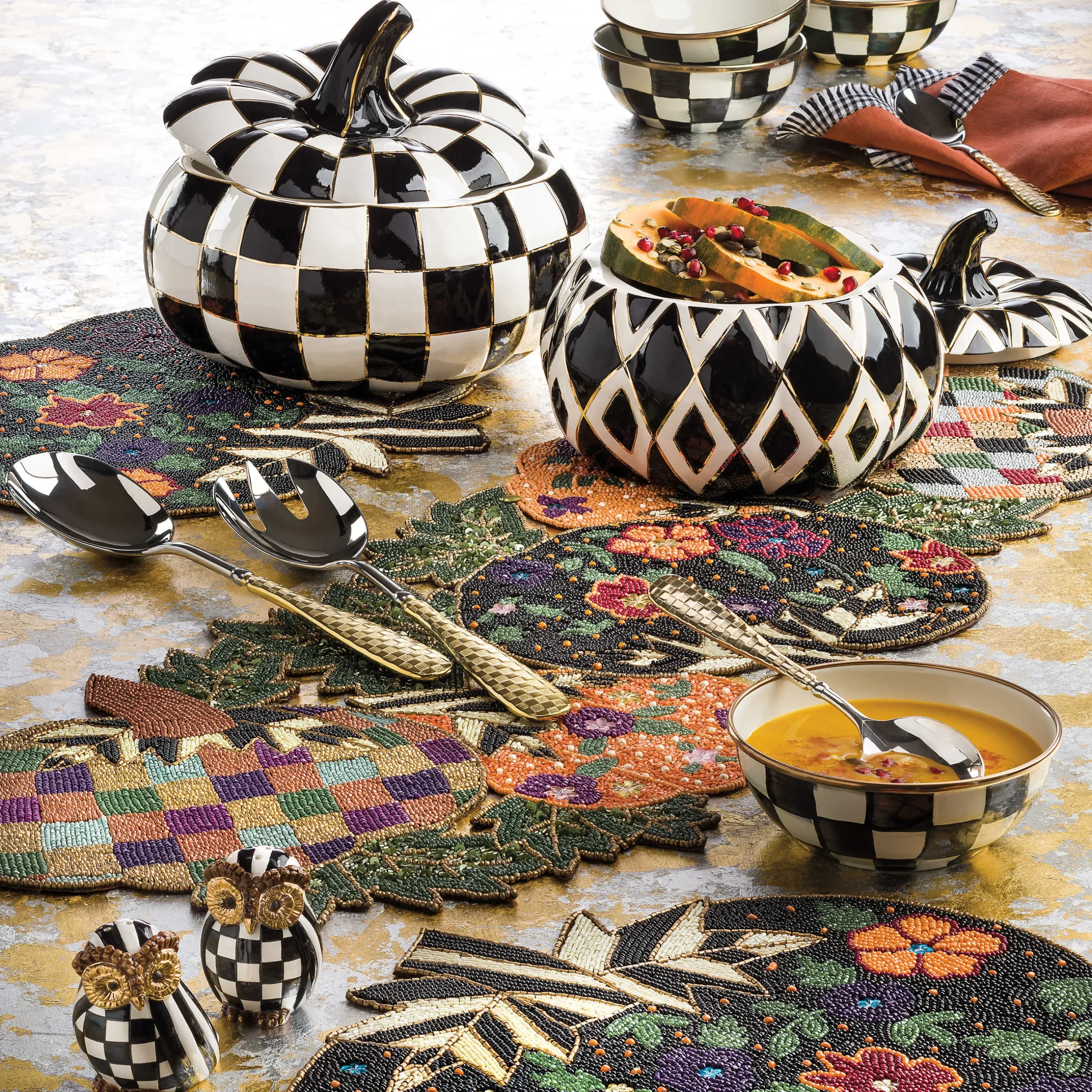 MacKenzie-Childs Check Salad Serving Set - Gold