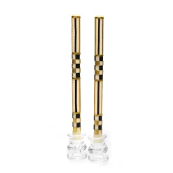 Clearance MacKenzie-Childs Check & Stripe Dinner Candles - Black & Gold - Set Of 2