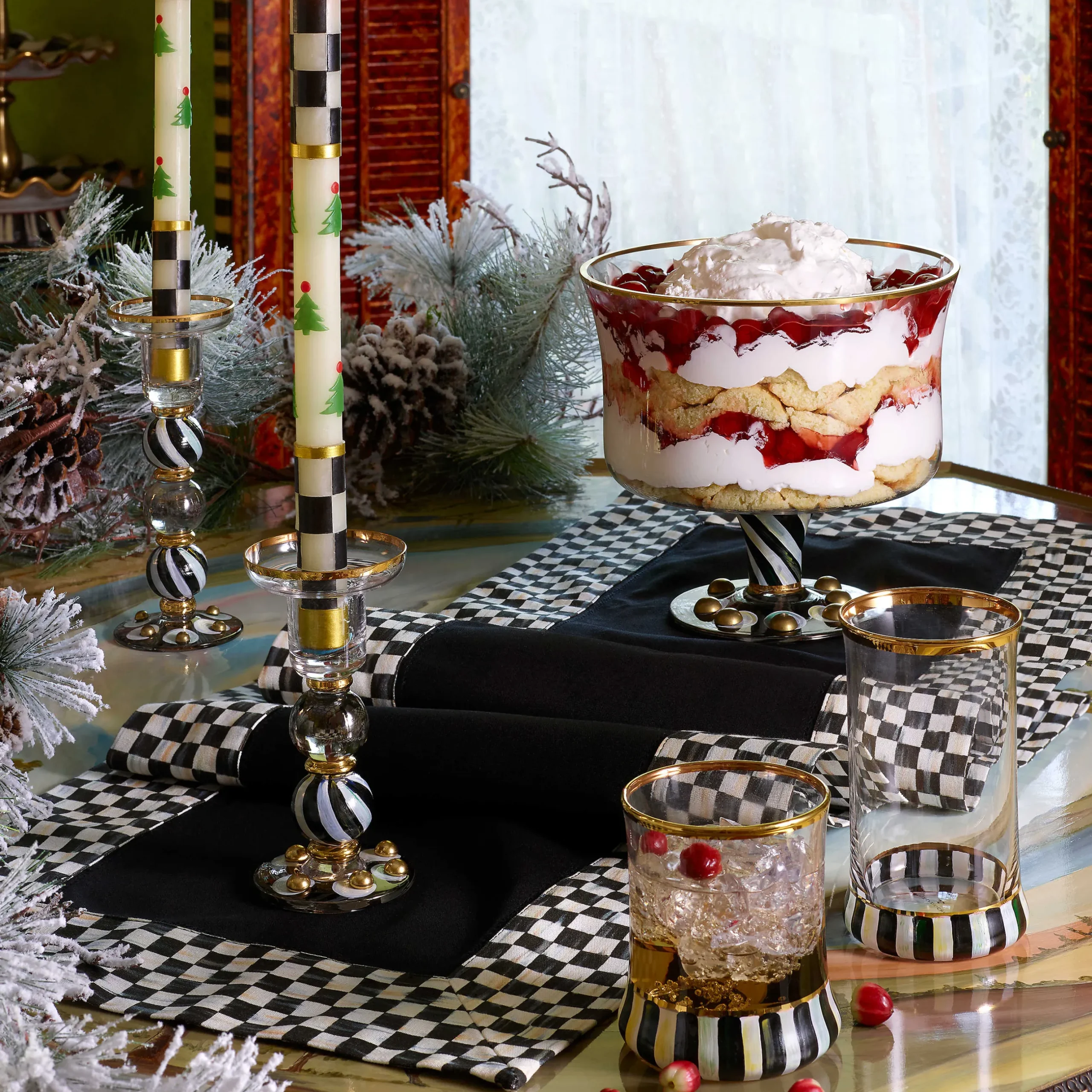Hot MacKenzie-Childs Christmas Tree Dinner Candles - Check Bands - Set Of 2