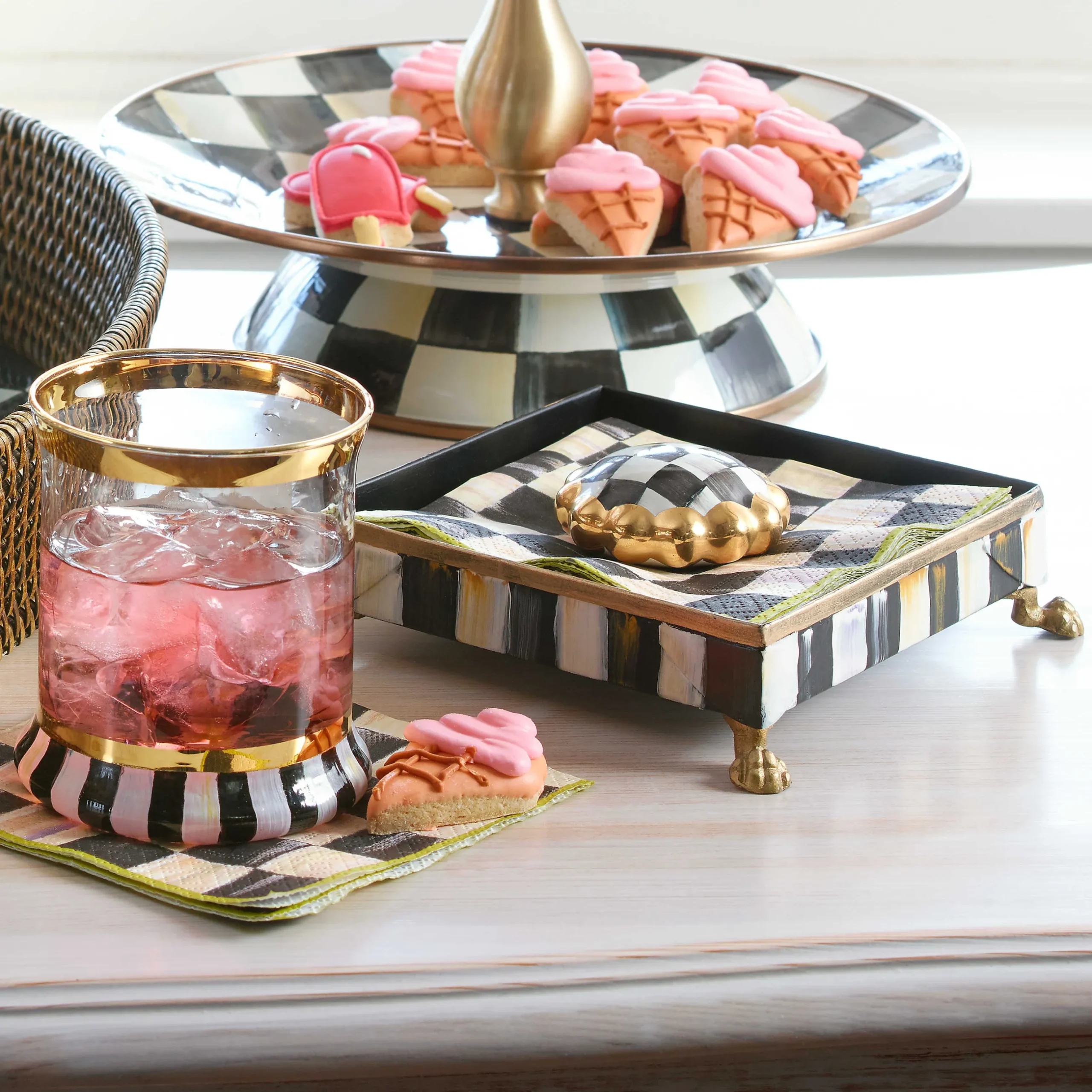 New MacKenzie-Childs Courtly Check Cocktail Napkin Holder Set - Gold