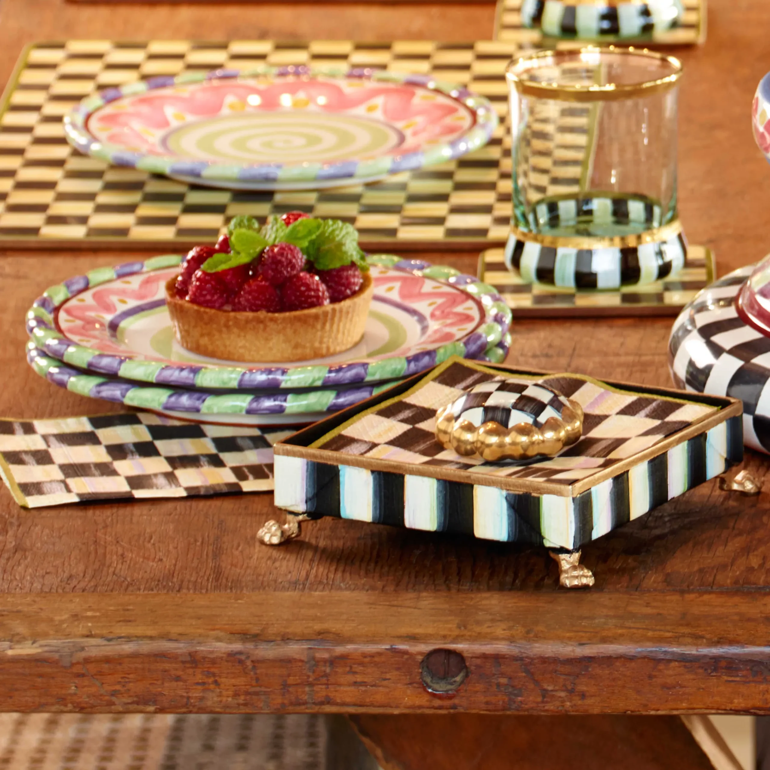 New MacKenzie-Childs Courtly Check Cocktail Napkin Holder Set - Gold