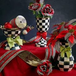 Discount MacKenzie-Childs Courtly Check Enamel Pedestal Vase - Red Bow