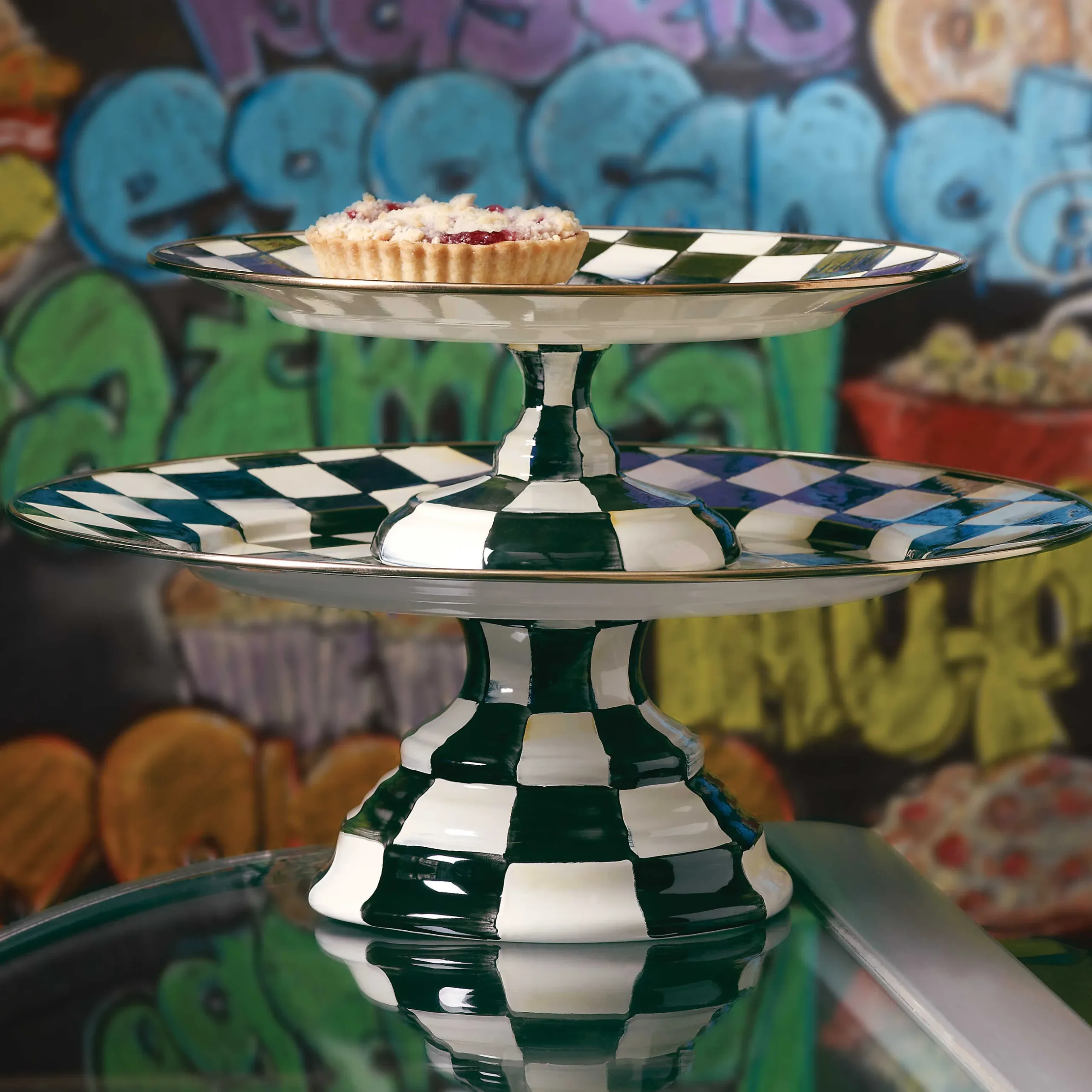 Outlet MacKenzie-Childs Courtly Check Enamel Pedestal Platter - Small