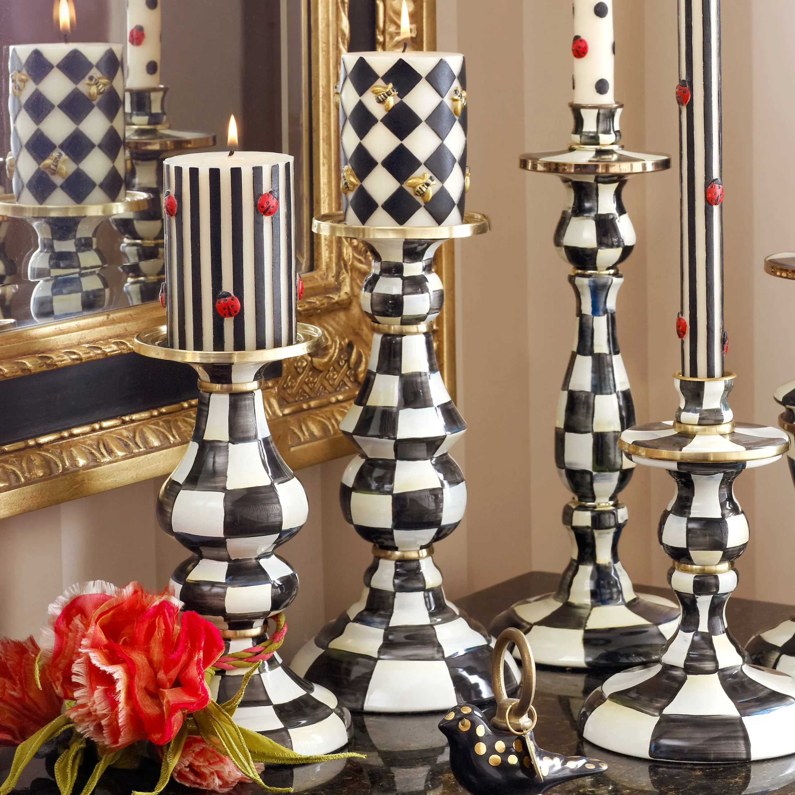 Outlet MacKenzie-Childs Courtly Check Enamel Pillar Candlestick - Medium