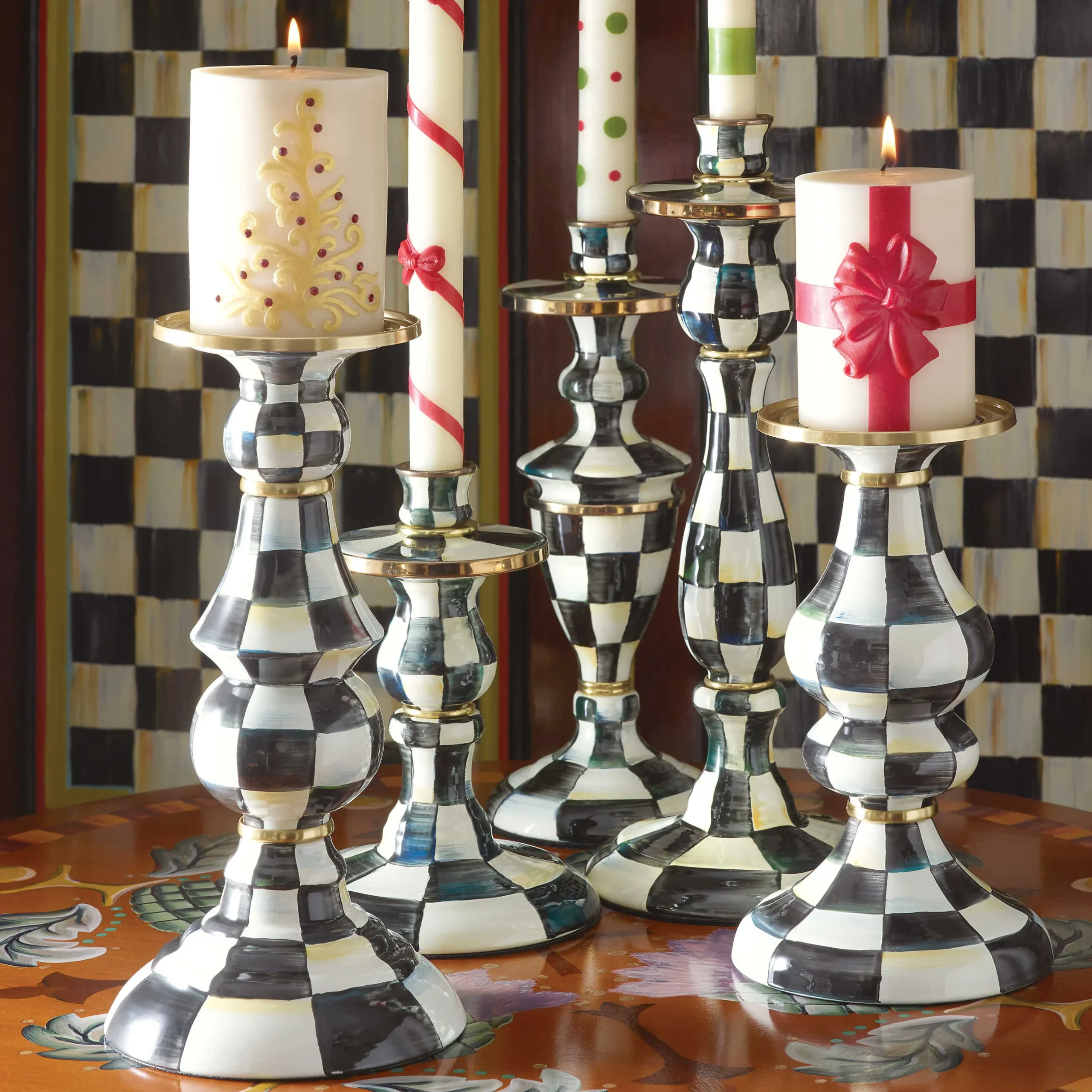 Outlet MacKenzie-Childs Courtly Check Enamel Pillar Candlestick - Medium