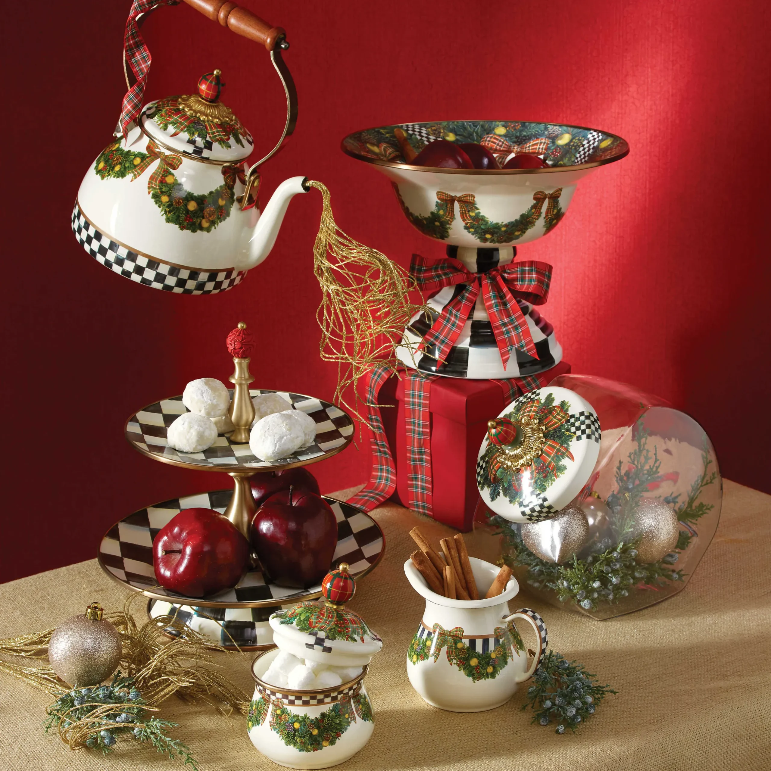 Clearance MacKenzie-Childs Courtly Check Enamel Two Tier Sweet Stand