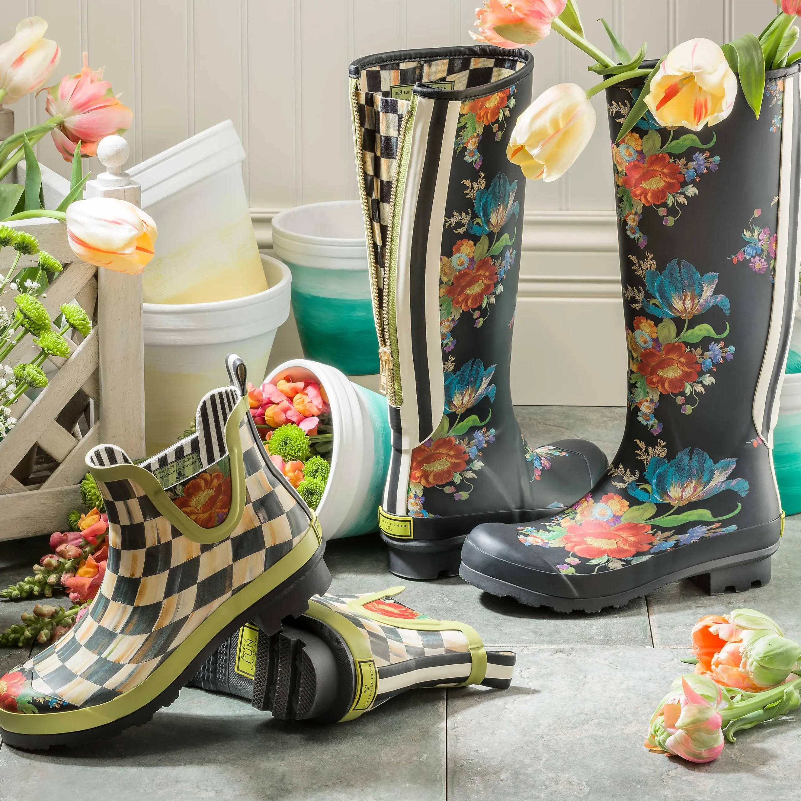 MacKenzie-Childs Courtly Check Rain Boots - Short - Size 5