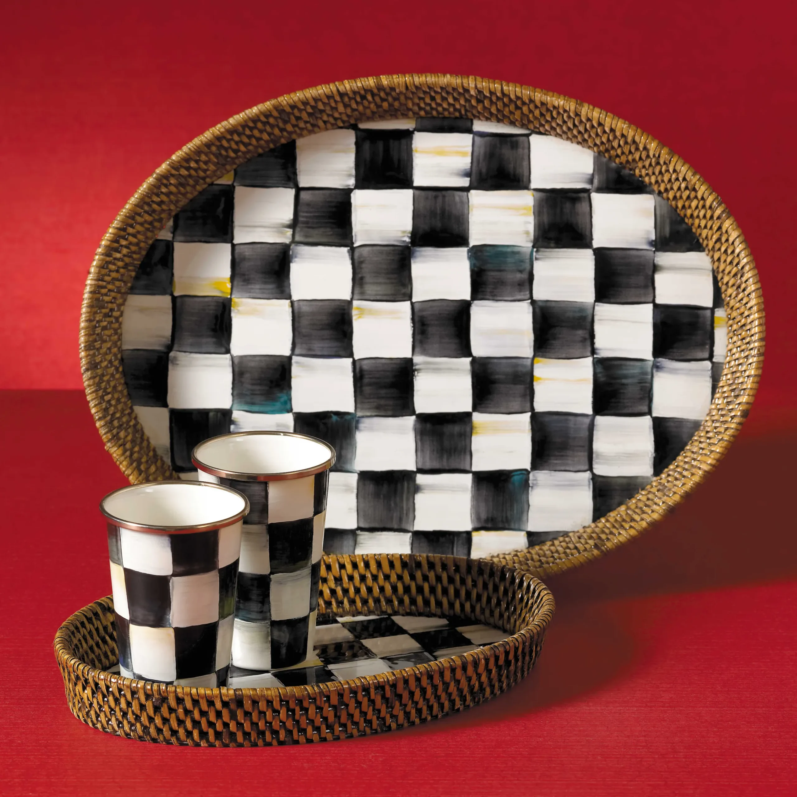 Hot MacKenzie-Childs Courtly Check Rattan & Enamel Tray - Large