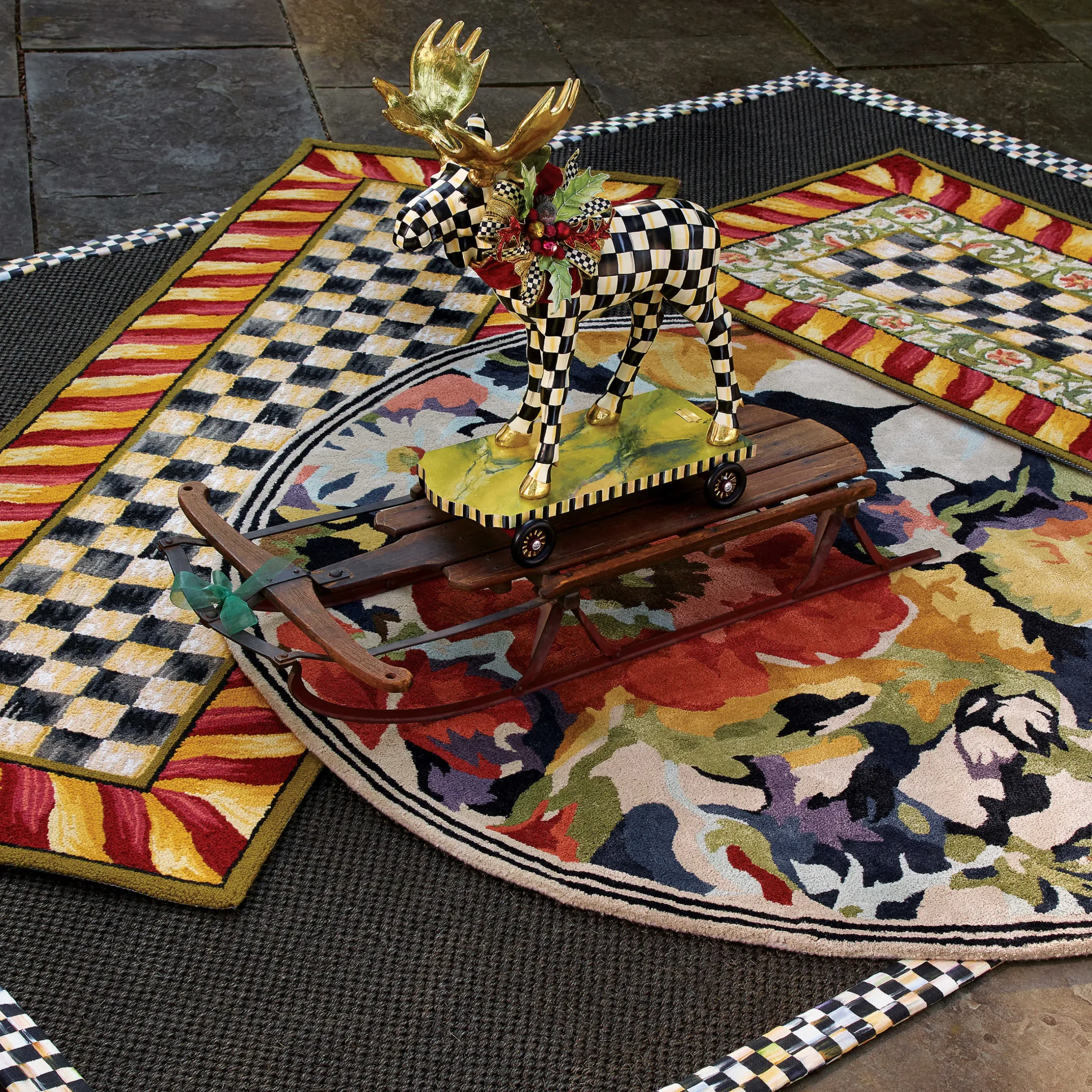 Best MacKenzie-Childs Courtly Check Rug - 2'6" X 8' Runner - Red & Gold