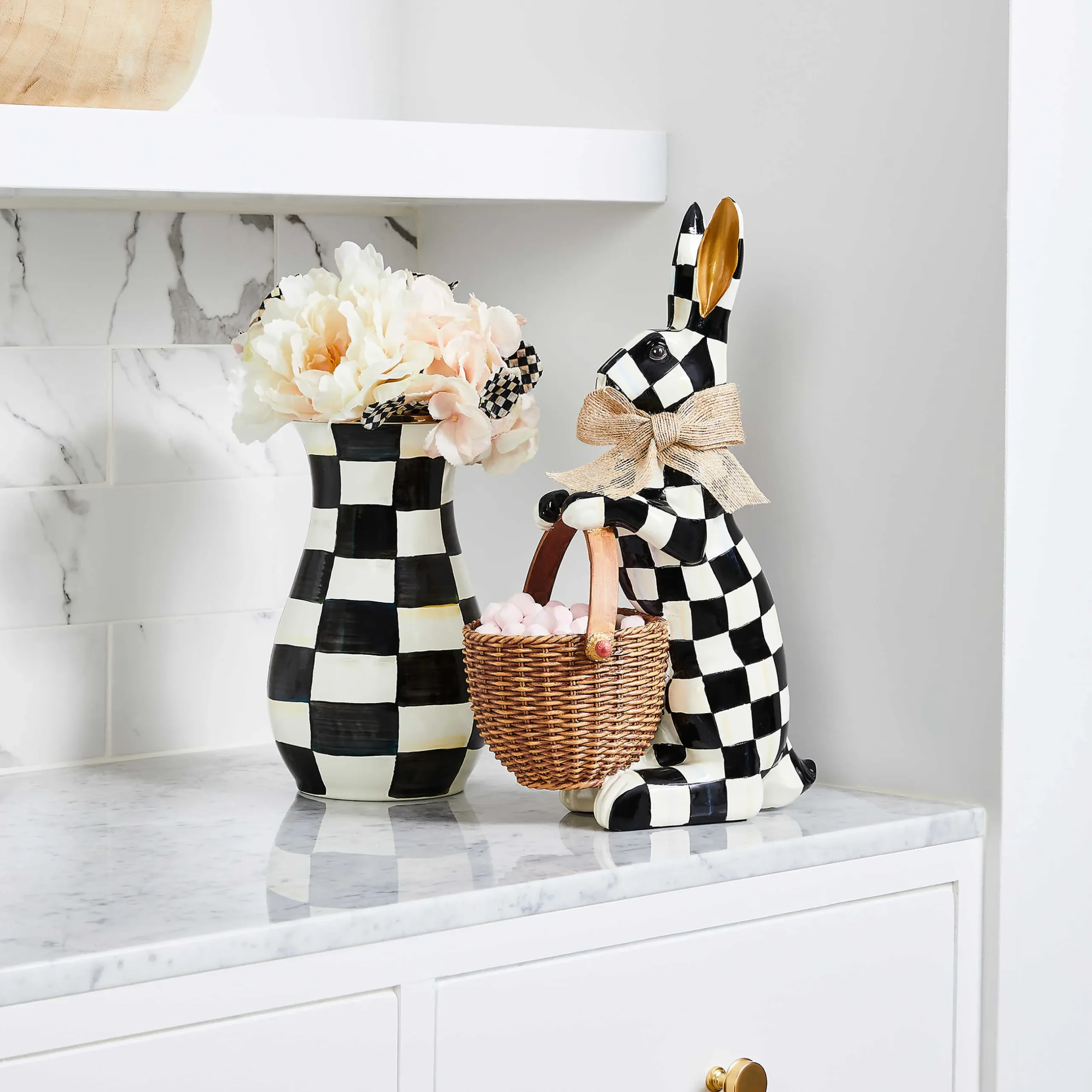 New MacKenzie-Childs Courtly Check Tall Vase & Bouquet Set