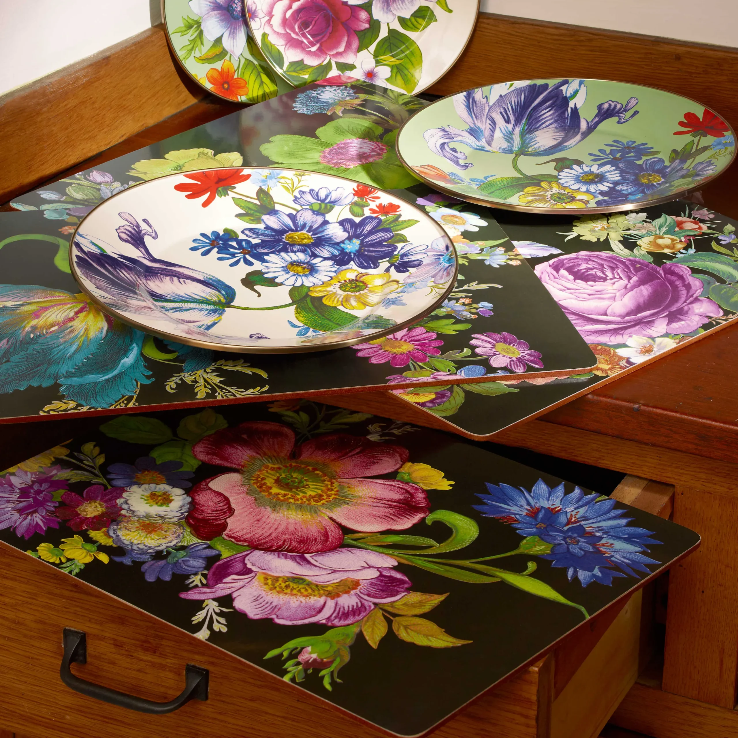 MacKenzie-Childs Flower Market Placemats - Black - Set Of 4
