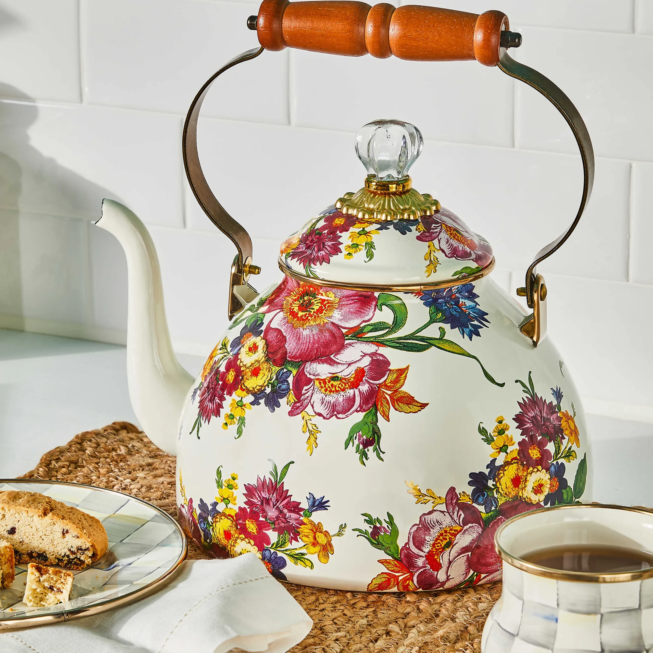 Clearance MacKenzie-Childs Flower Market 3 Quart Tea Kettle - White
