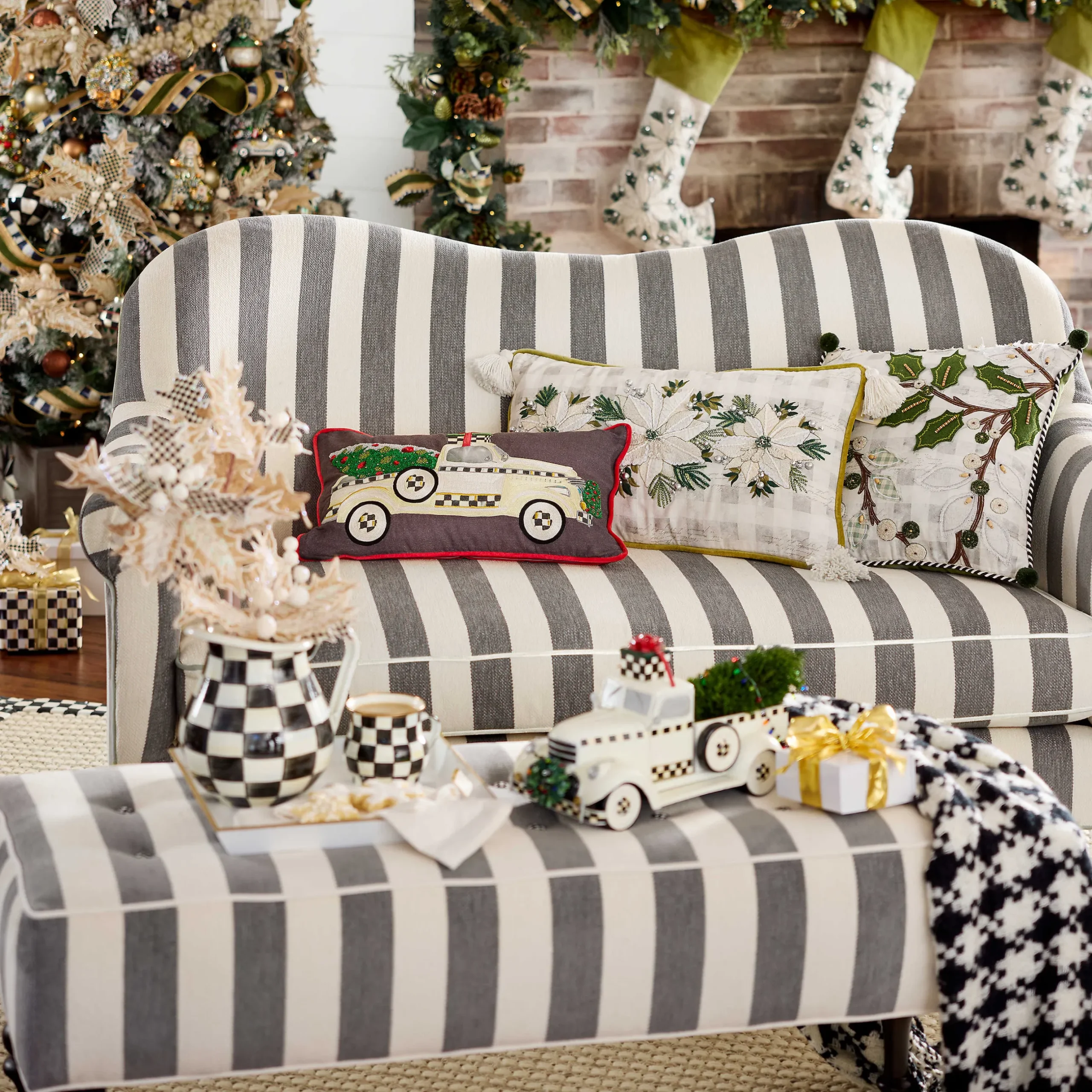 Hot MacKenzie-Childs Marquee Bench - Chenille Grey Stripe