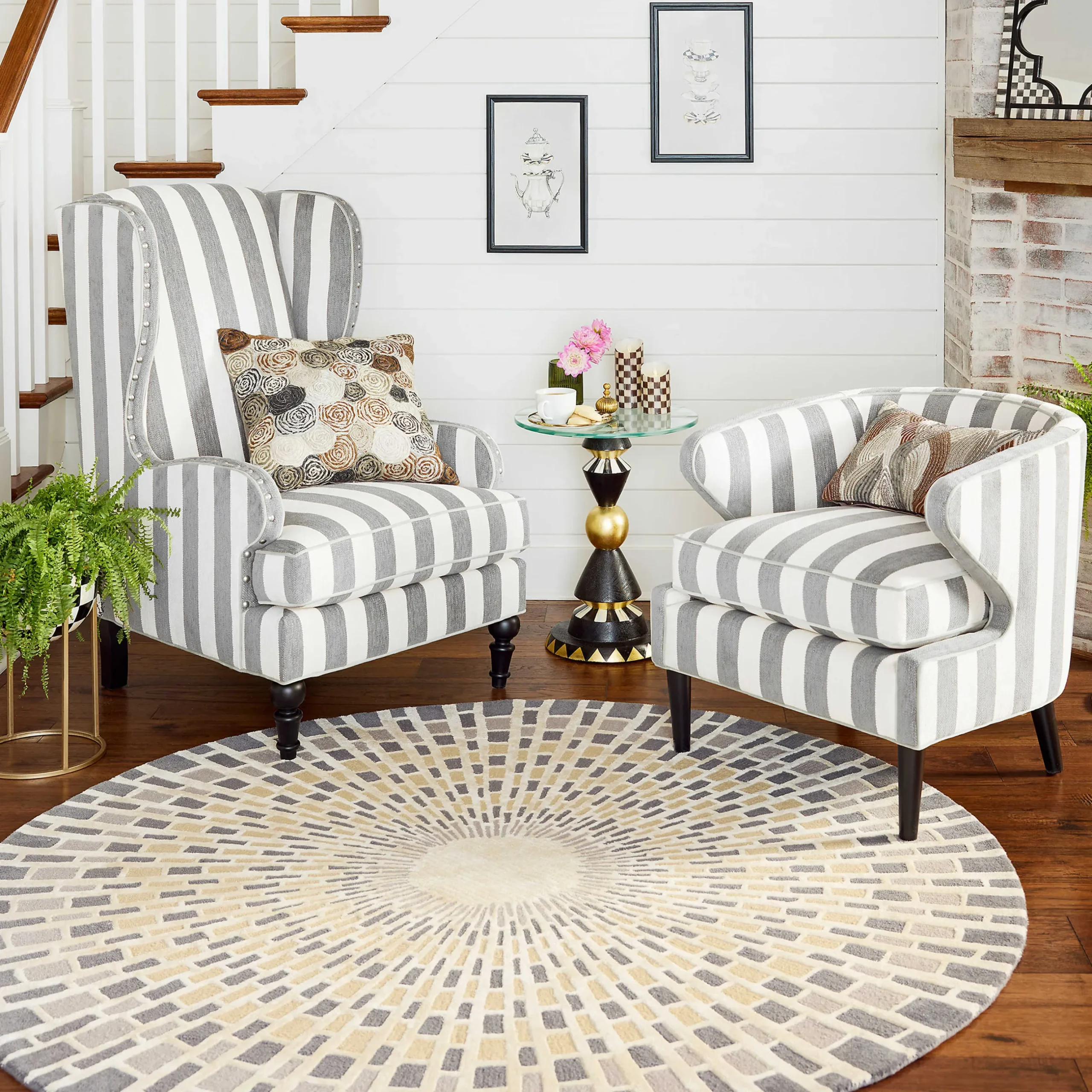New MacKenzie-Childs Marquee Wing Chair - Chenille Grey Stripe