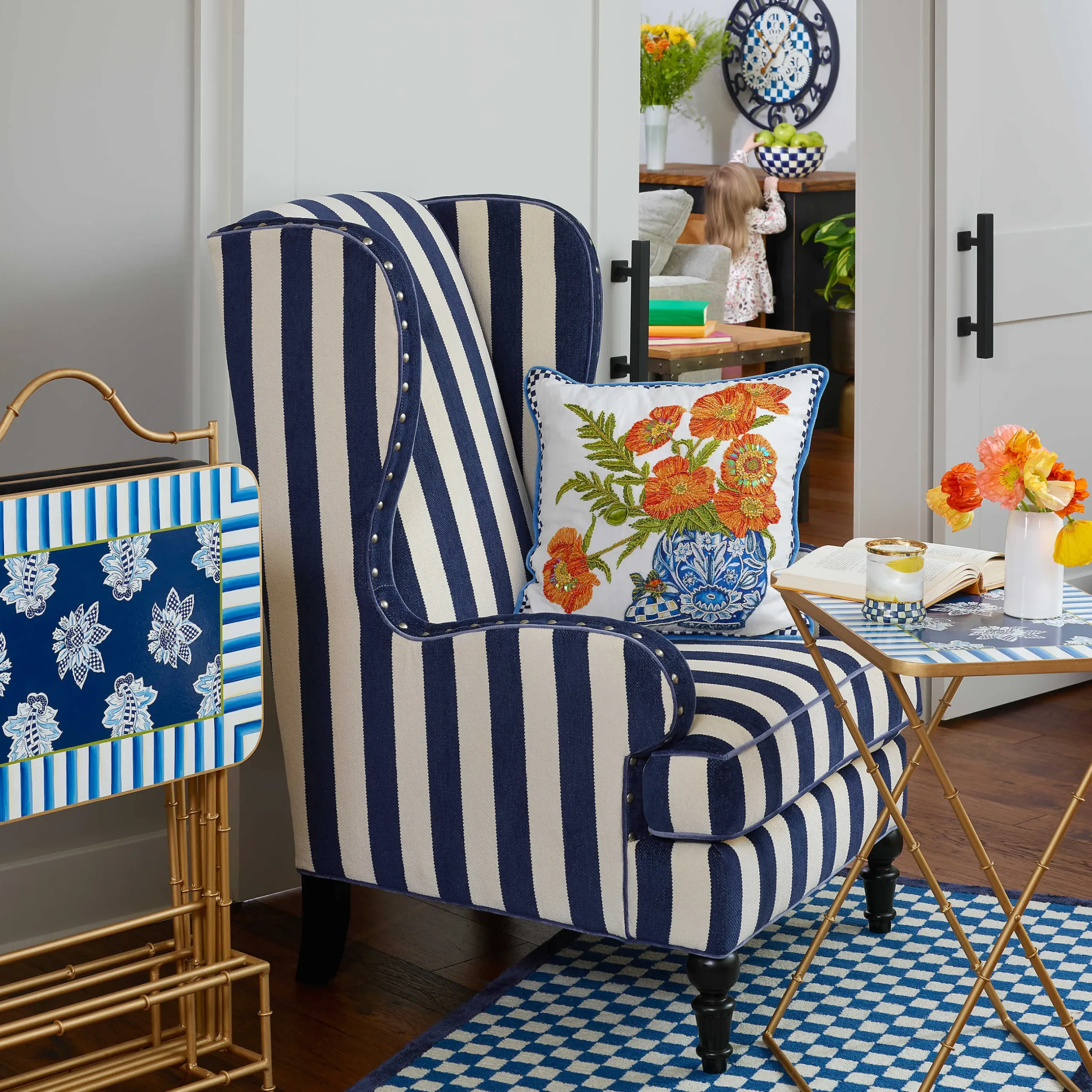 MacKenzie-Childs Marquee Wing Chair - Chenille Navy Stripe