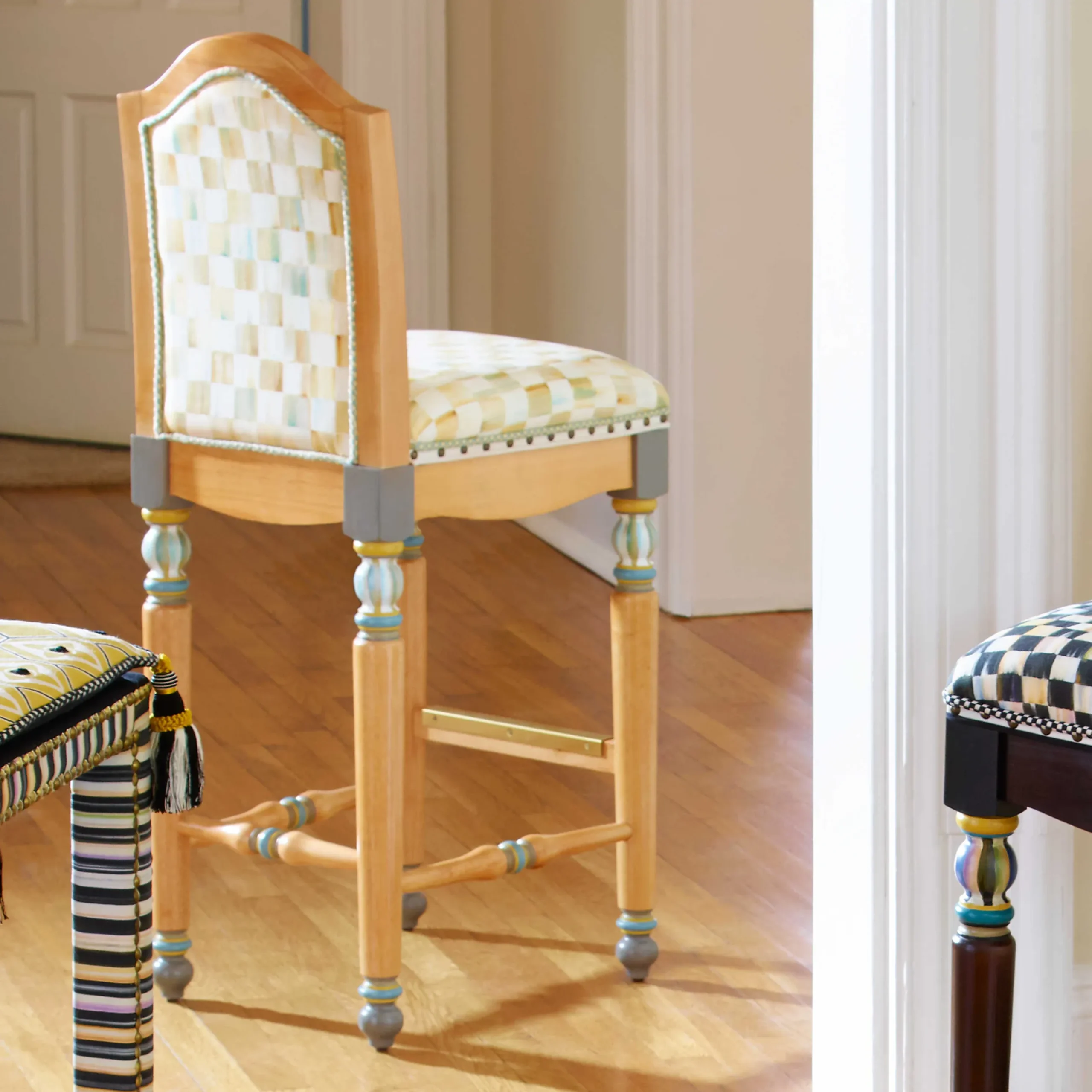 Sale MacKenzie-Childs Parchment Check Underpinnings Bar Stool With Back