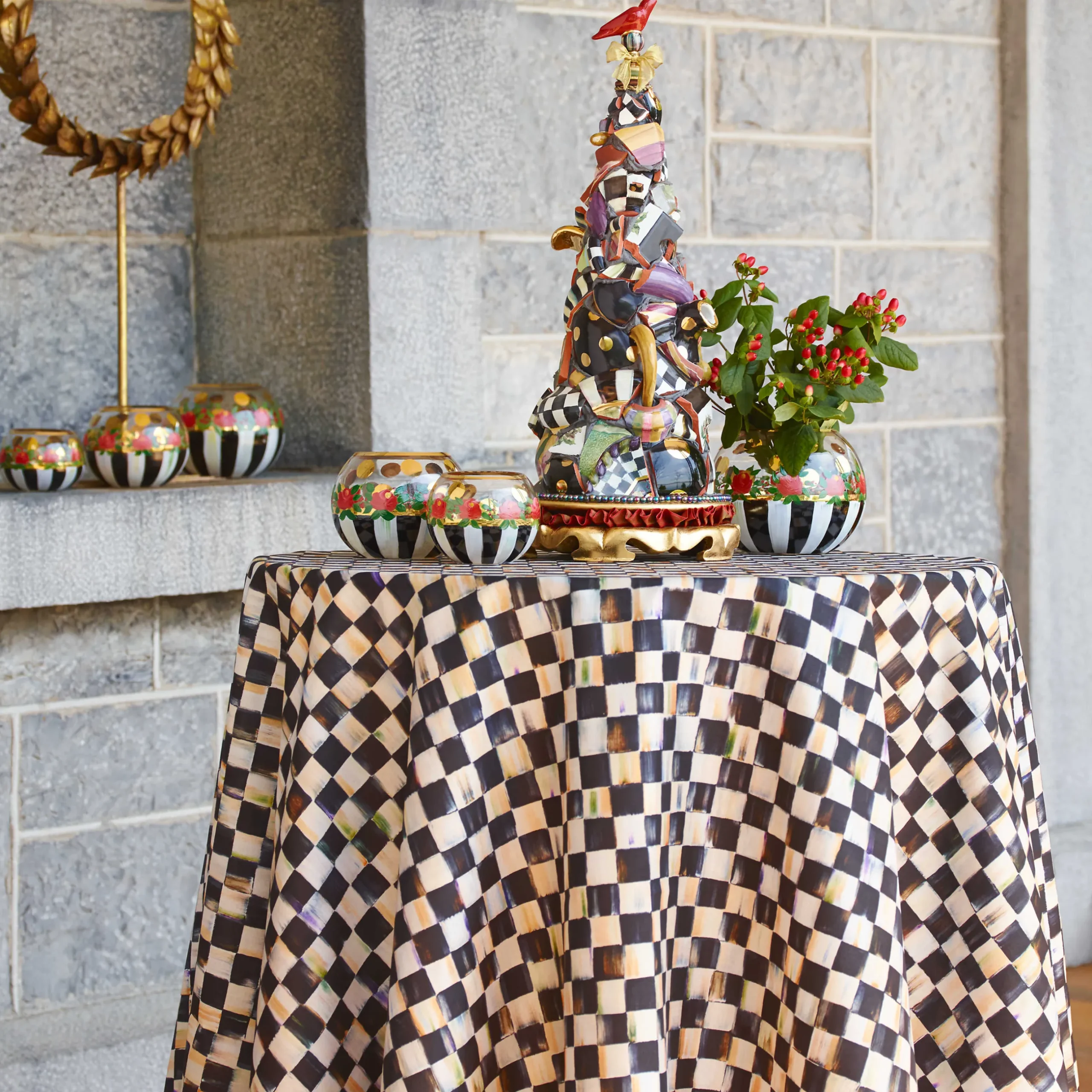 New MacKenzie-Childs 90" Round Courtly Check Tablecloth - Black Trim