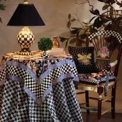 New MacKenzie-Childs 90" Round Courtly Check Tablecloth - Black Trim