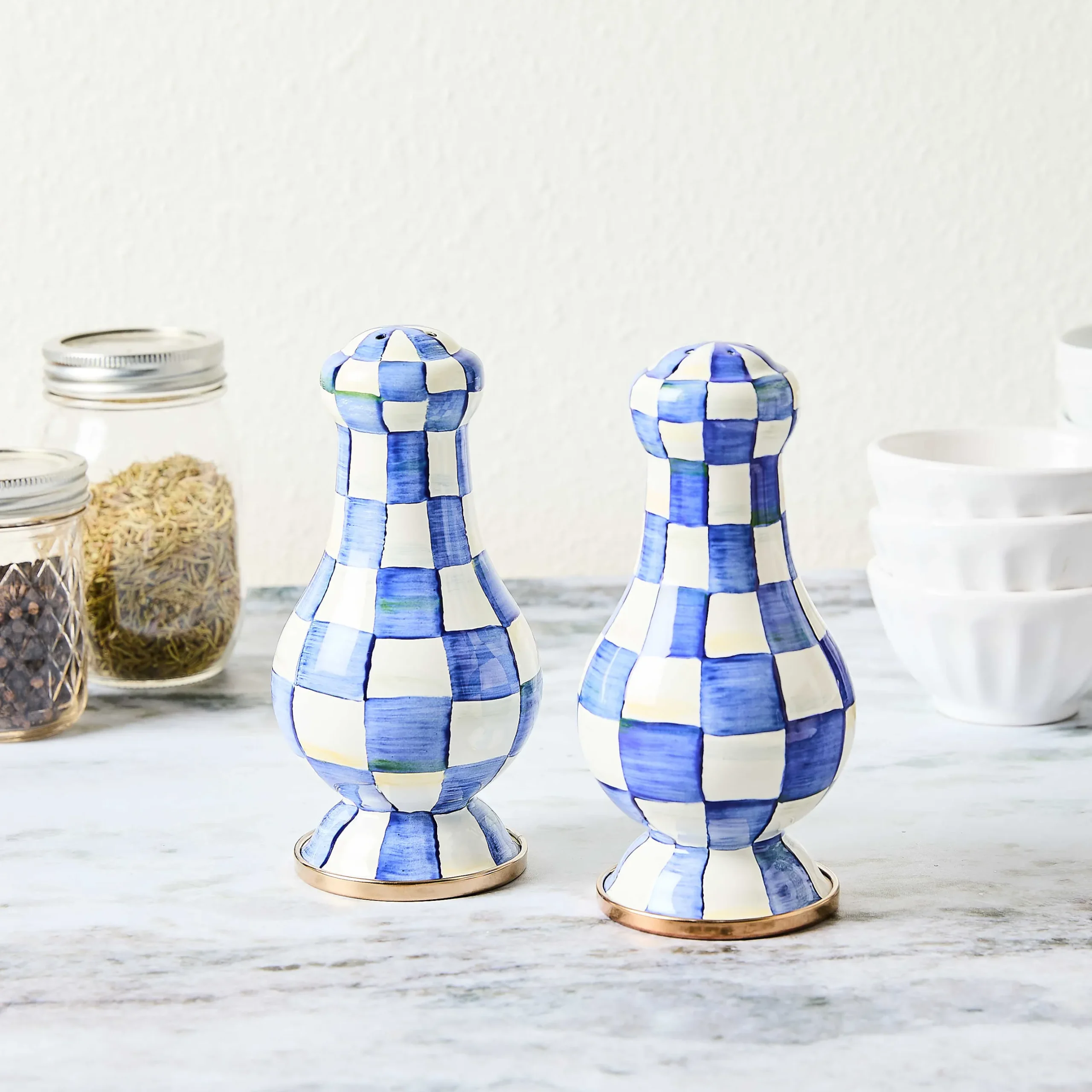 MacKenzie-Childs Royal Check Enamel Large Salt & Pepper Shakers