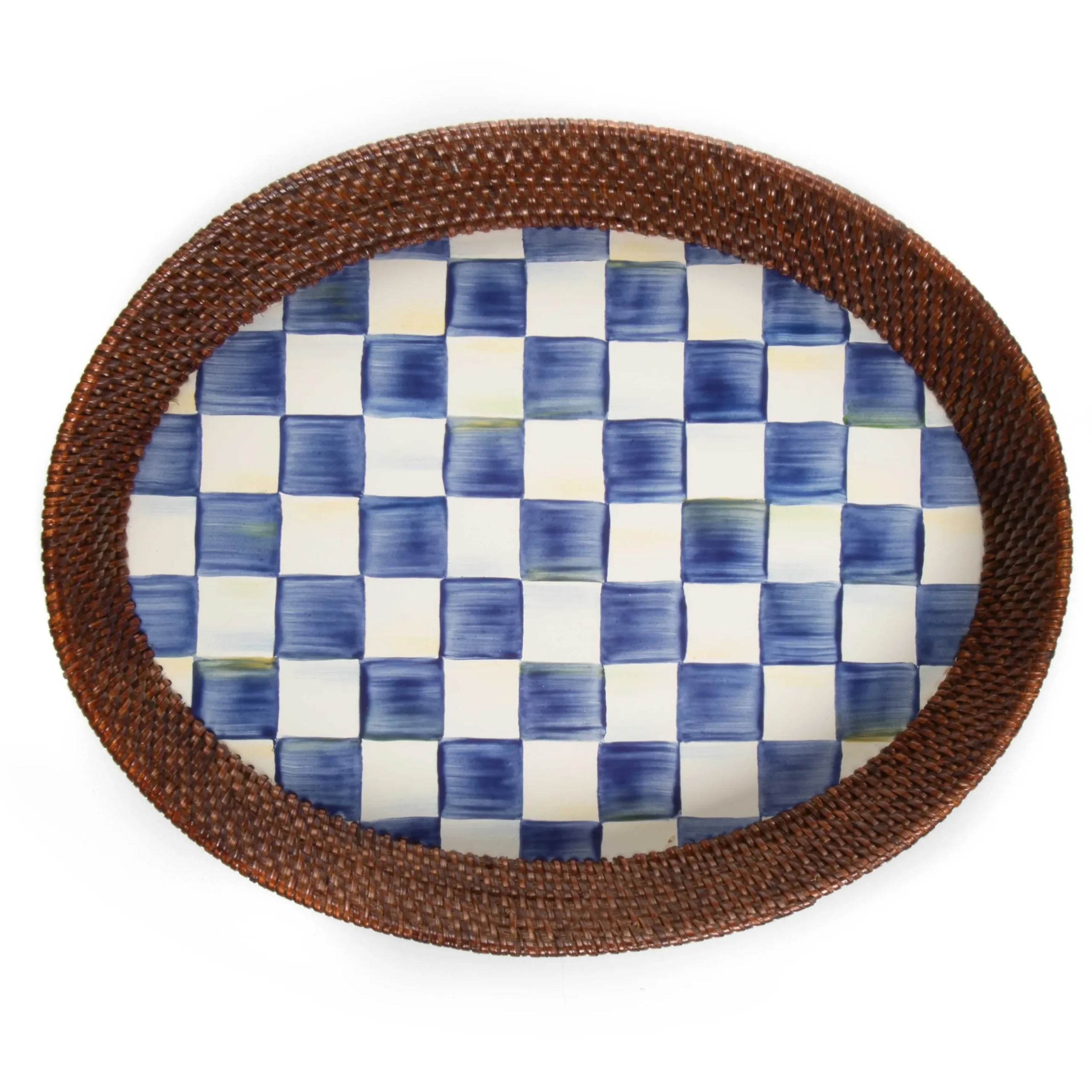 New MacKenzie-Childs Royal Check Rattan & Enamel Tray - Large