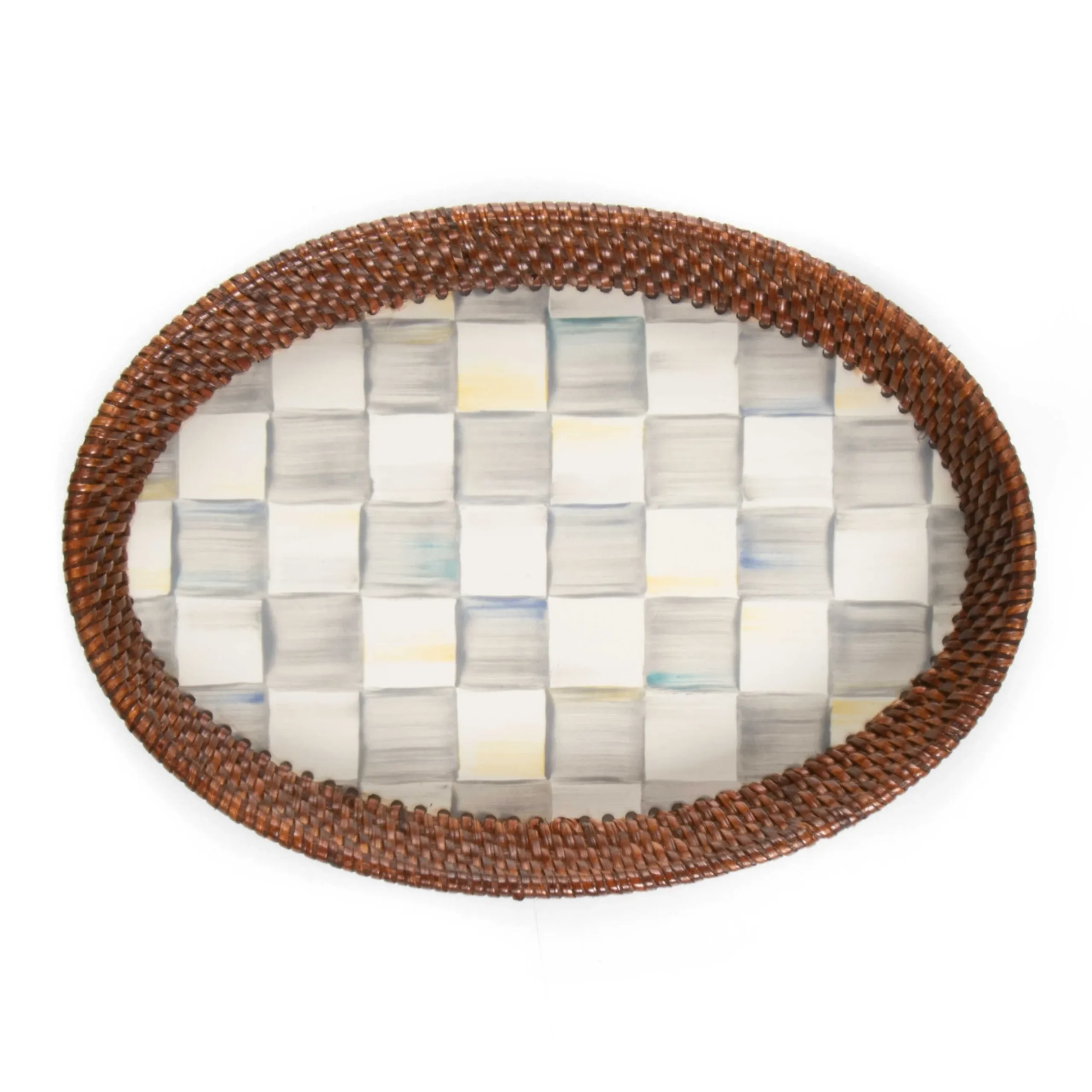 New MacKenzie-Childs Sterling Check Rattan & Enamel Tray - Small