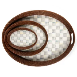 New MacKenzie-Childs Sterling Check Rattan & Enamel Tray - Small