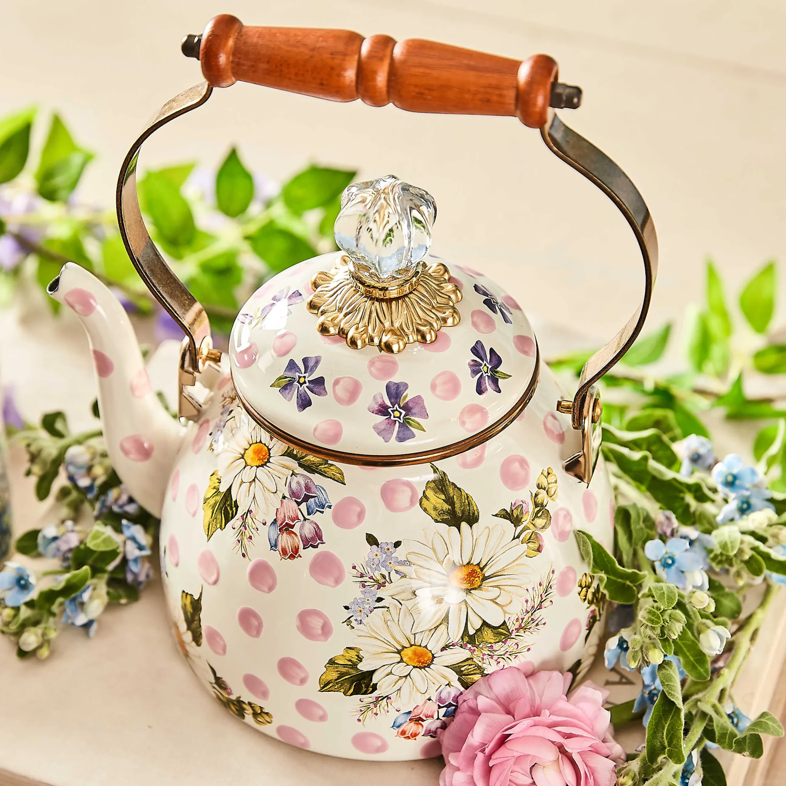 Outlet MacKenzie-Childs Wildflowers Enamel 2 Qt Tea Kettle - Pink