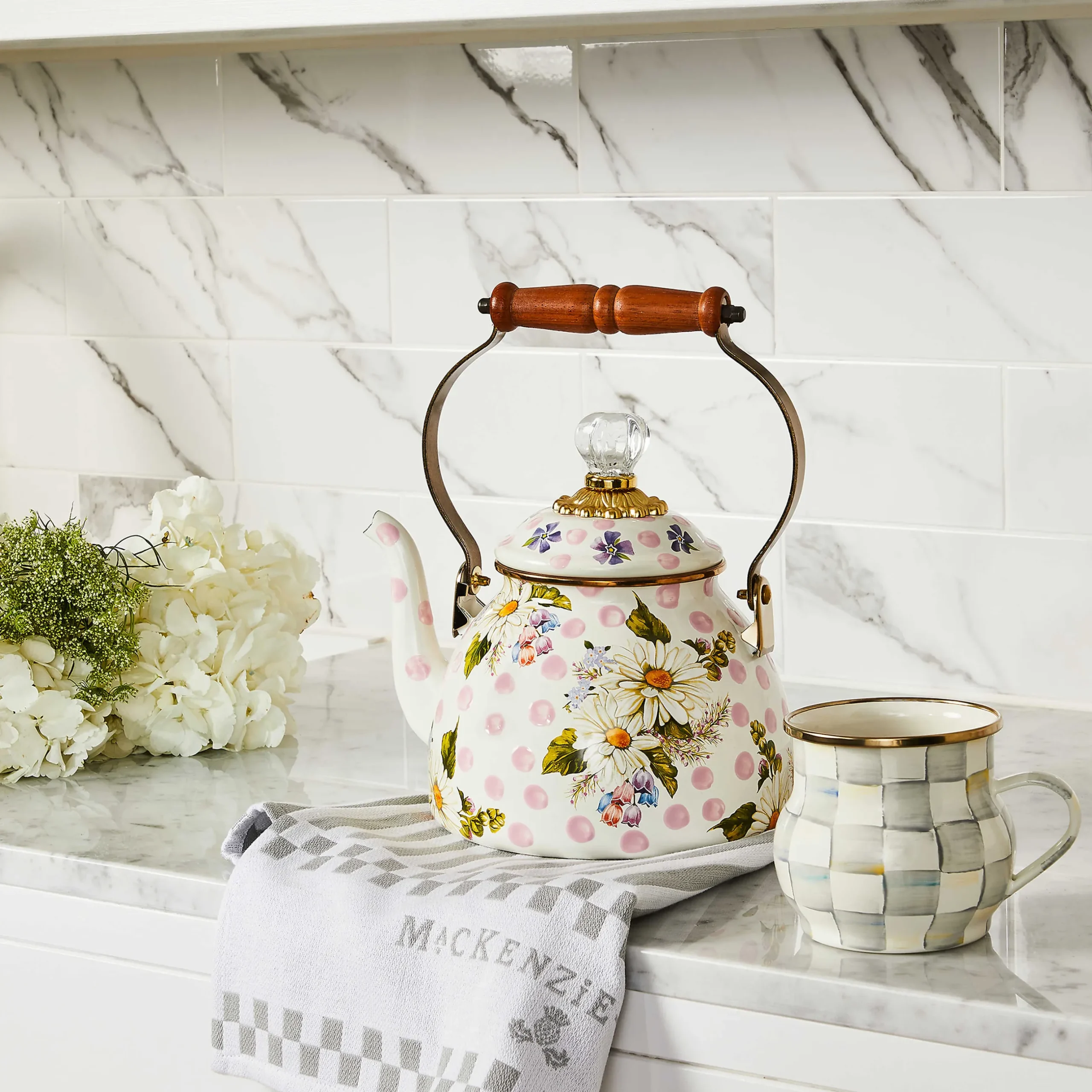 Outlet MacKenzie-Childs Wildflowers Enamel 2 Qt Tea Kettle - Pink